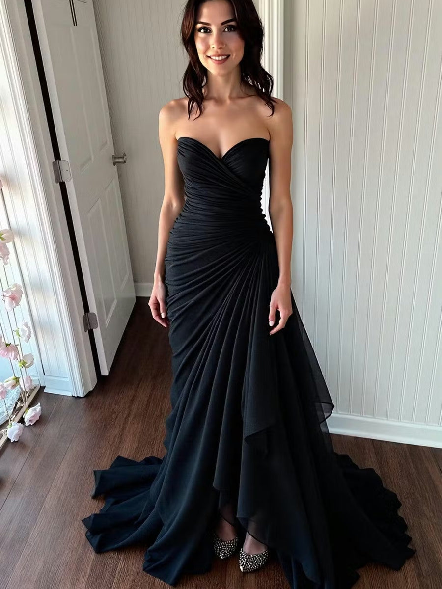 Sweetheart Pleated Chiffon Tiered A-Line/Princess Long Evening Dresses with Drop Waist