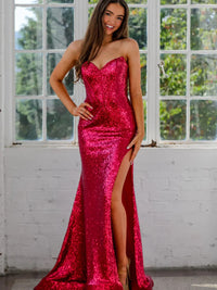 Sparkly Sequin Sweetheart Strapless Sheath/Column Long Prom Dresses with Slit