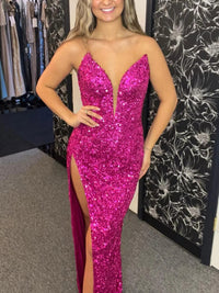 Sparkly Sequin Deep V-Neck Strapless Sheath/Column Long Prom Dresses with Slit