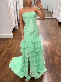Strapless Bow Chiffon Tiered A-Line/Princess Long Prom Dresses with Satin