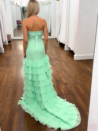 Strapless Bow Chiffon Tiered A-Line/Princess Long Prom Dresses with Satin