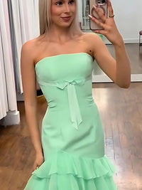 Strapless Bow Chiffon Tiered A-Line/Princess Long Prom Dresses with Satin