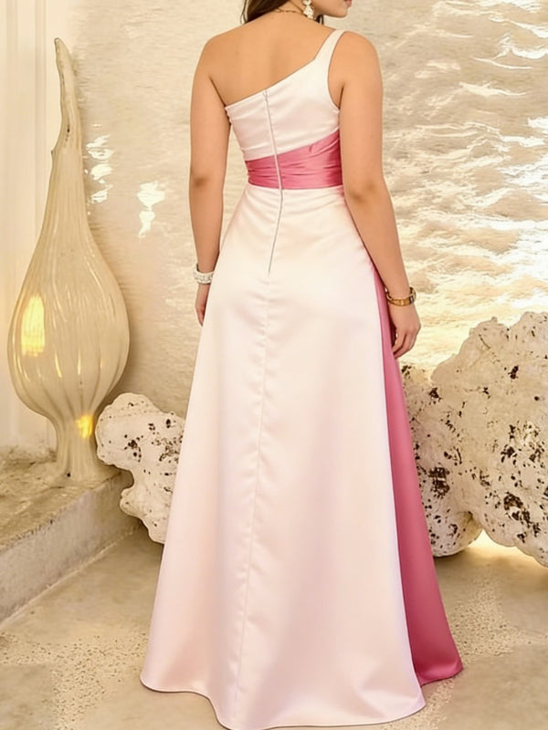A-Line/Princess One Shoulder Patchwork Satin Long Prom Dresses with Pockets