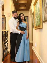 A-Line/Princess One Shoulder Patchwork Satin Long Formal Dresses with Pockets