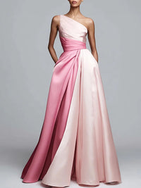 A-Line/Princess One Shoulder Patchwork Satin Long Formal Dresses with Pockets