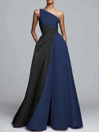 A-Line/Princess One Shoulder Patchwork Satin Long Formal Dresses with Pockets