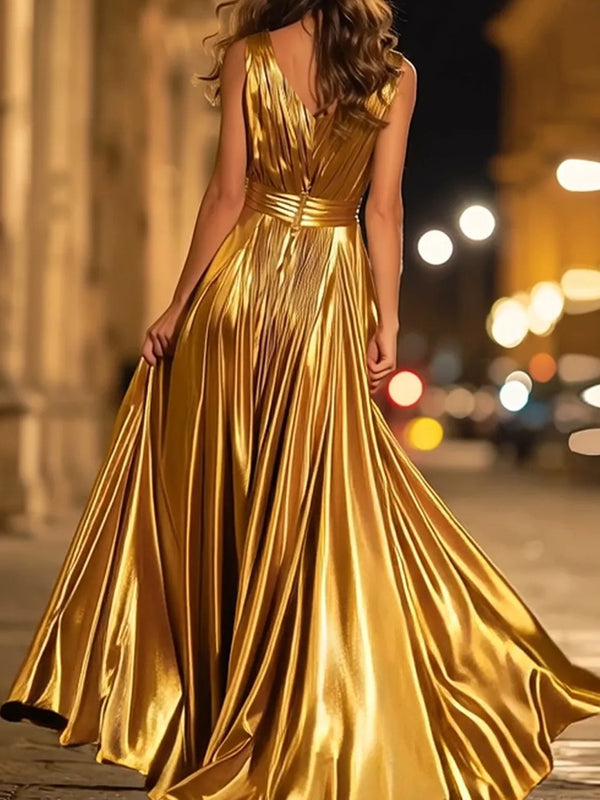 V-Neck Pleated Metallic Corset A-Line/Princess Long Prom Dresses with Ruched Waist