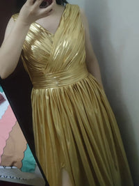 V-Neck Pleated Metallic Corset A-Line/Princess Long Evening Dresses with Ruched Waist