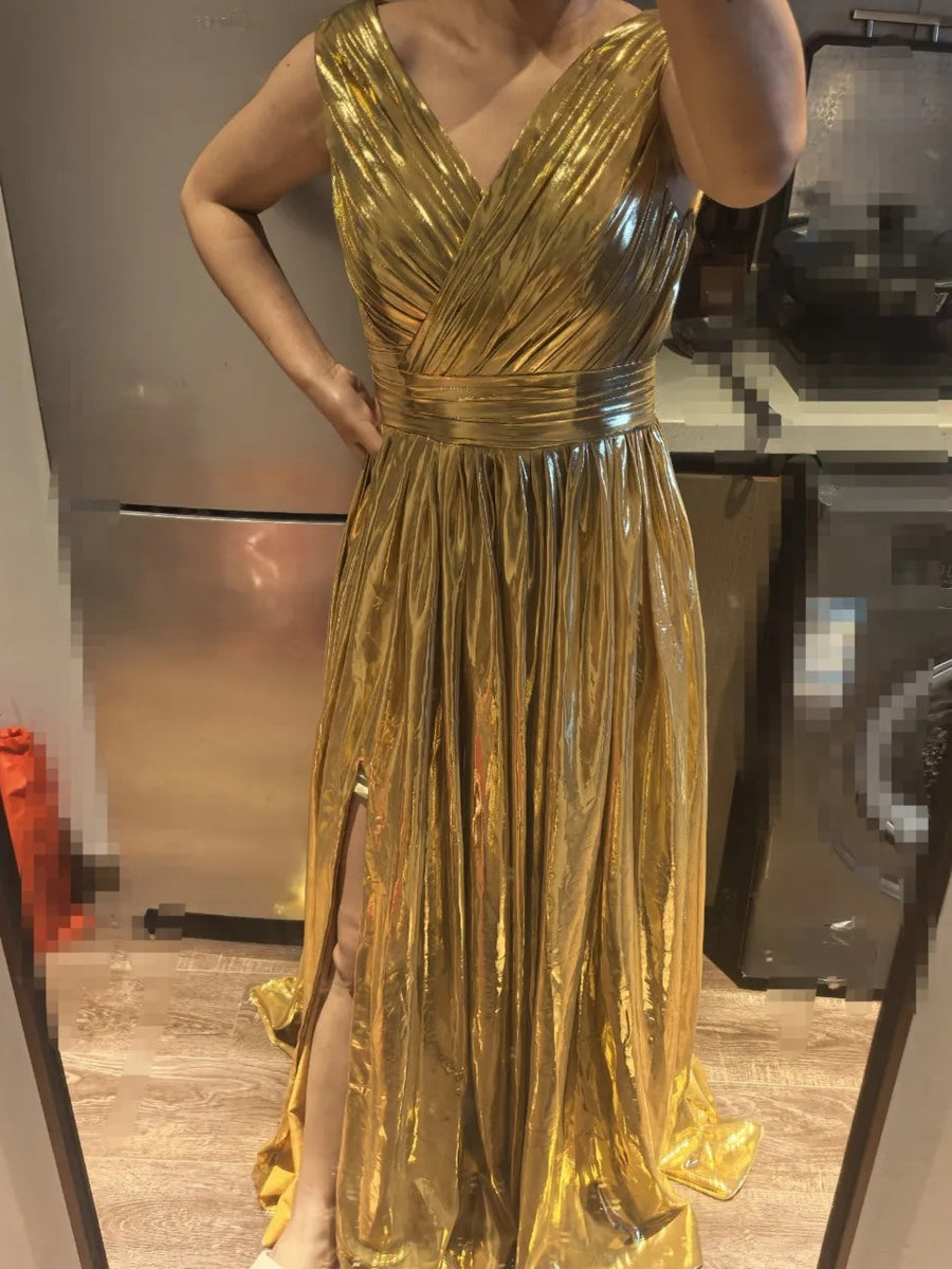 V-Neck Pleated Metallic Corset A-Line/Princess Long Evening Dresses with Ruched Waist