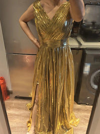 V-Neck Pleated Metallic Corset A-Line/Princess Long Evening Dresses with Ruched Waist
