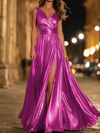 V-Neck Pleated Metallic Corset A-Line/Princess Long Evening Dresses with Ruched Waist
