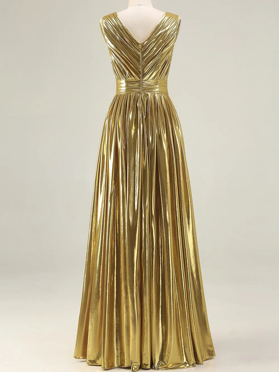 V-Neck Pleated Metallic Corset A-Line/Princess Long Evening Dresses with Ruched Waist
