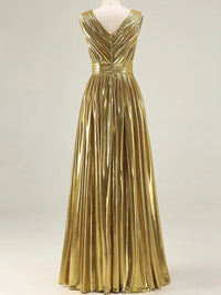 V-Neck Pleated Metallic Corset A-Line/Princess Long Evening Dresses with Ruched Waist