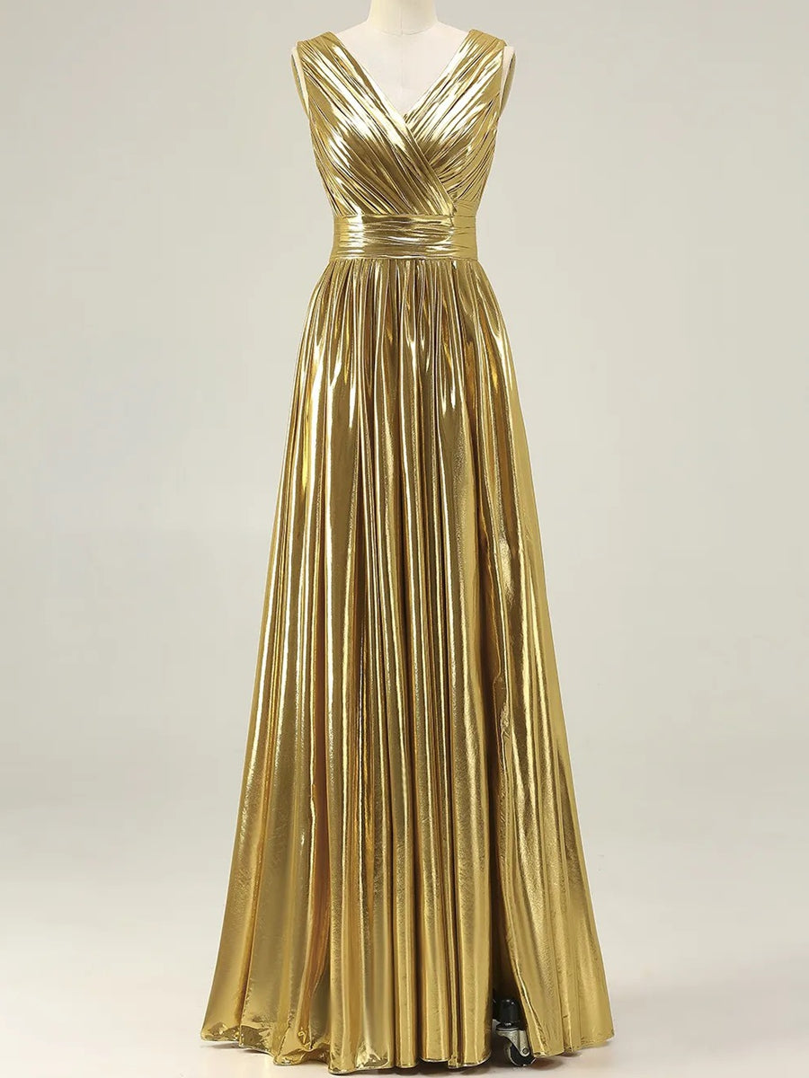 V-Neck Pleated Metallic Corset A-Line/Princess Long Evening Dresses with Ruched Waist