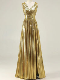 V-Neck Pleated Metallic Corset A-Line/Princess Long Evening Dresses with Ruched Waist