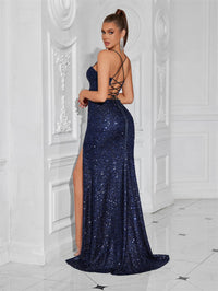 Sparkly Sequin Spaghetti Strap Sheath/Column Long Evening Dresses with Slit