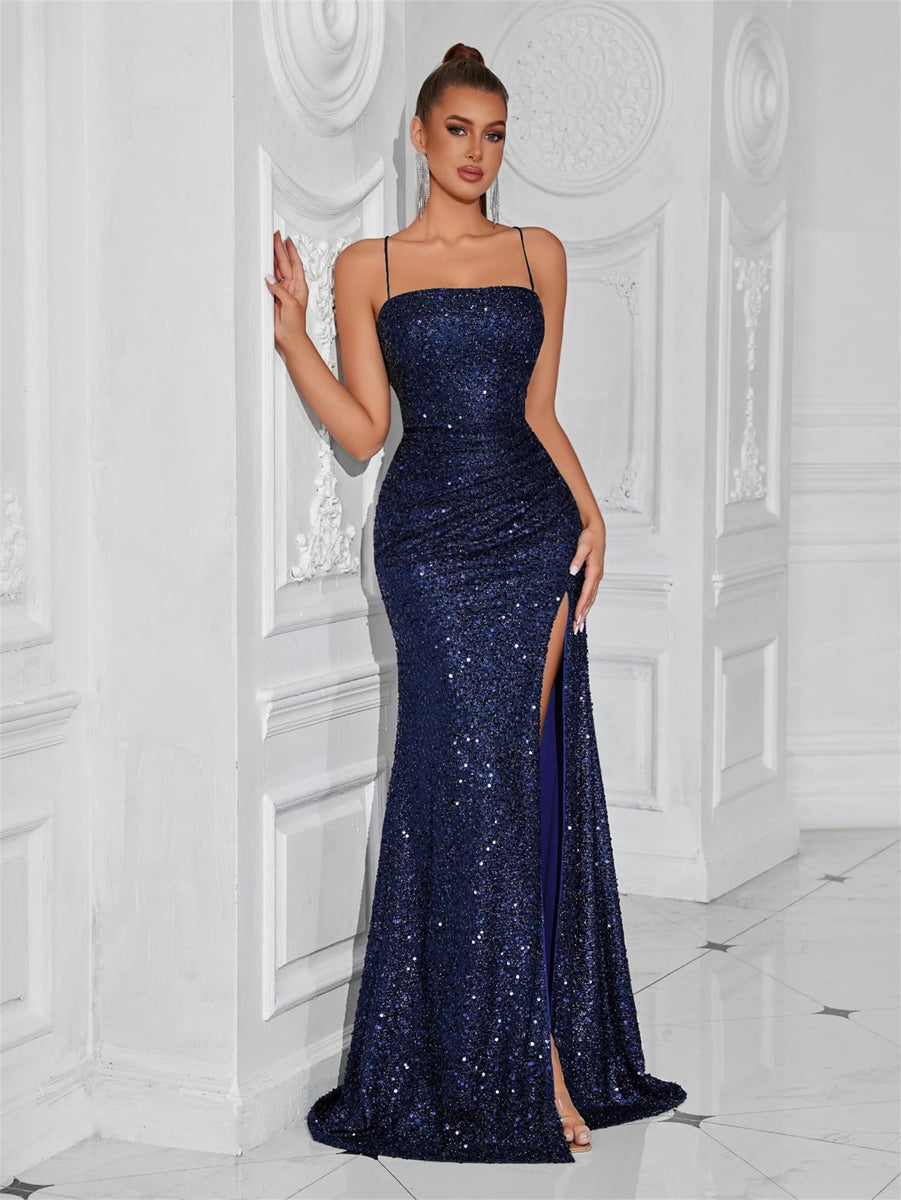 Sparkly Sequin Spaghetti Strap Sheath/Column Long Evening Dresses with Slit