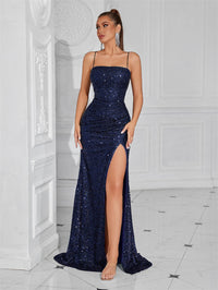 Sparkly Sequin Spaghetti Strap Sheath/Column Long Evening Dresses with Slit