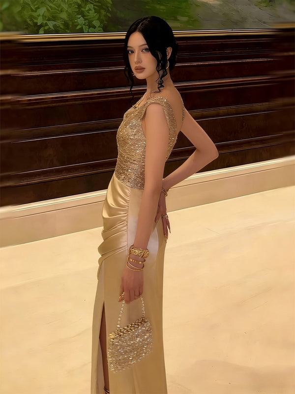 Glitter Sequin Long Evening Dresses Ruched Satin Formal Dress