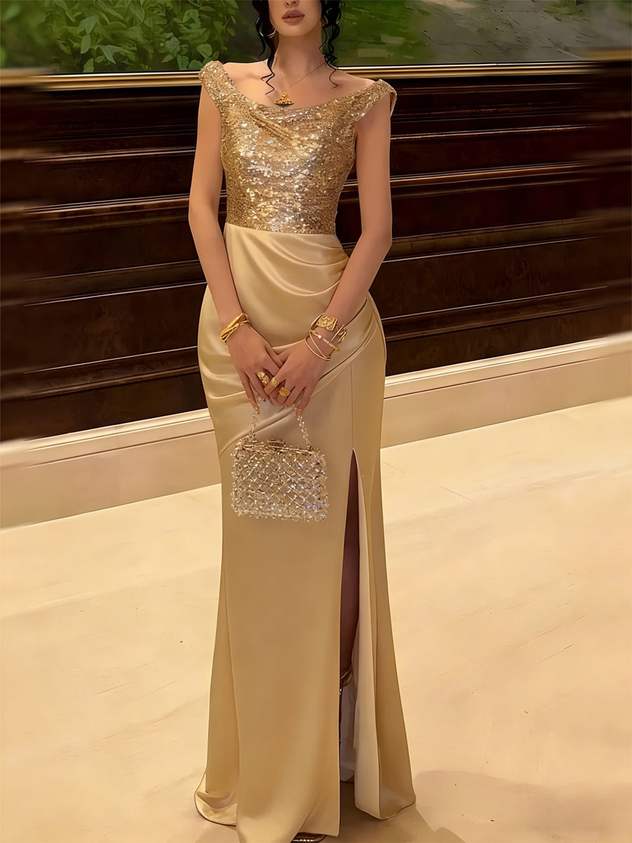 Glitter Sequin Long Evening Dresses Ruched Satin Formal Dress