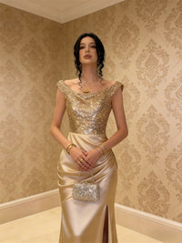 Glitter Sequin Long Evening Dresses Ruched Satin Formal Dress