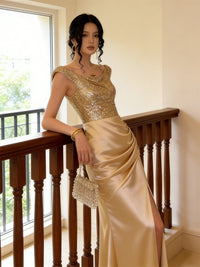 Glitter Sequin Long Evening Dresses Ruched Satin Formal Dress