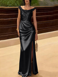 Glitter Sequin Long Evening Dresses Ruched Satin Formal Dress