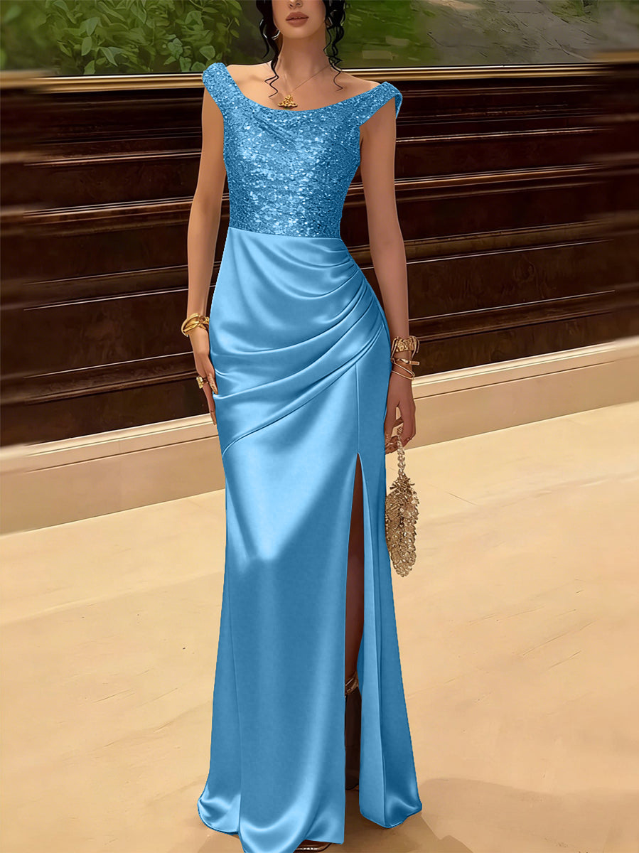 Glitter Sequin Long Evening Dresses Ruched Satin Formal Dress