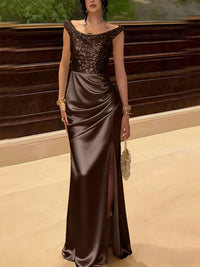 Glitter Sequin Long Evening Dresses Ruched Satin Formal Dress