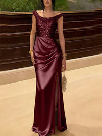 Glitter Sequin Long Evening Dresses Ruched Satin Formal Dress