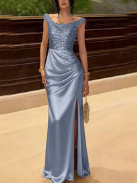 Glitter Sequin Long Evening Dresses Ruched Satin Formal Dress