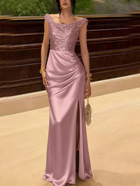 Glitter Sequin Long Evening Dresses Ruched Satin Formal Dress