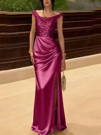 Glitter Sequin Long Evening Dresses Ruched Satin Formal Dress
