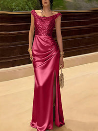 Glitter Sequin Long Evening Dresses Ruched Satin Formal Dress