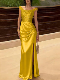 Glitter Sequin Long Evening Dresses Ruched Satin Formal Dress