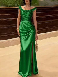 Glitter Sequin Long Evening Dresses Ruched Satin Formal Dress