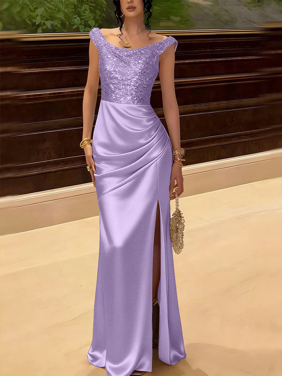 Glitter Sequin Long Evening Dresses Ruched Satin Formal Dress
