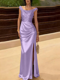 Glitter Sequin Long Evening Dresses Ruched Satin Formal Dress