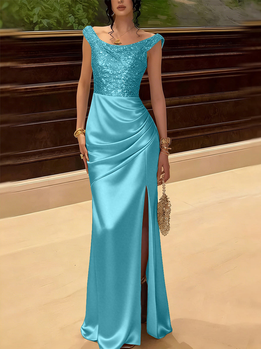 Glitter Sequin Long Evening Dresses Ruched Satin Formal Dress