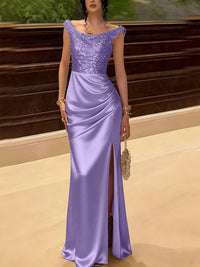 Glitter Sequin Long Evening Dresses Ruched Satin Formal Dress