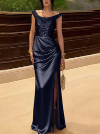 Glitter Sequin Long Evening Dresses Ruched Satin Formal Dress