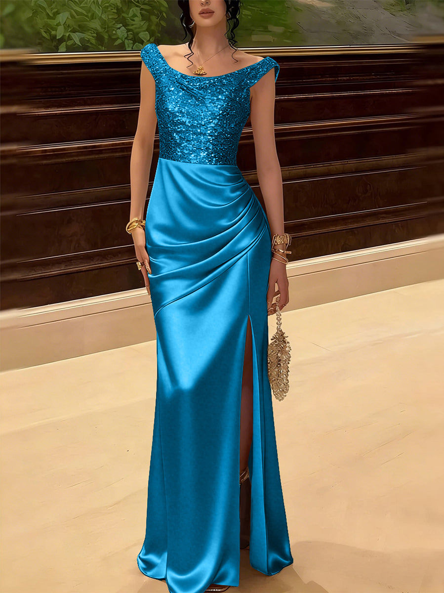Glitter Sequin Long Evening Dresses Ruched Satin Formal Dress