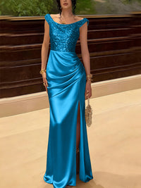 Glitter Sequin Long Evening Dresses Ruched Satin Formal Dress