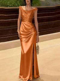 Glitter Sequin Long Evening Dresses Ruched Satin Formal Dress
