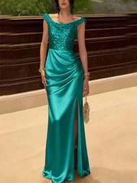 Glitter Sequin Long Evening Dresses Ruched Satin Formal Dress