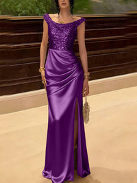 Glitter Sequin Long Evening Dresses Ruched Satin Formal Dress