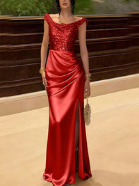 Glitter Sequin Long Evening Dresses Ruched Satin Formal Dress