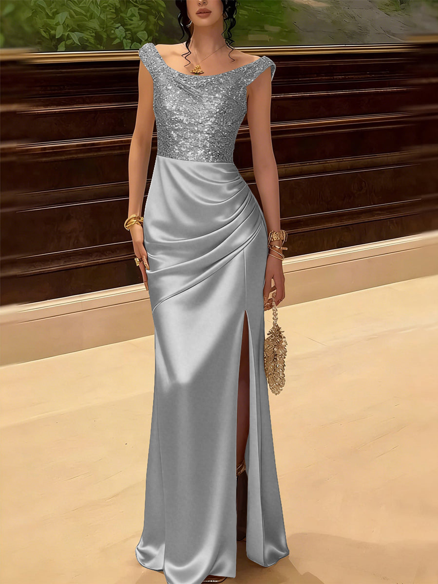 Glitter Sequin Long Evening Dresses Ruched Satin Formal Dress