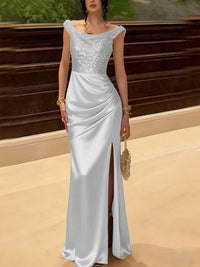 Glitter Sequin Long Evening Dresses Ruched Satin Formal Dress
