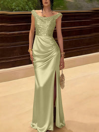 Glitter Sequin Long Evening Dresses Ruched Satin Formal Dress